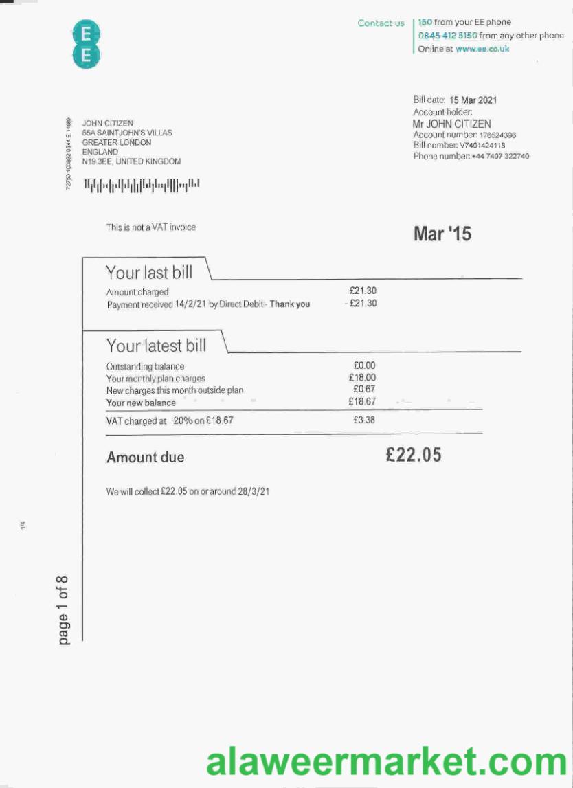 United Kingdom EE phone utility bill template, fully editable in PSD format